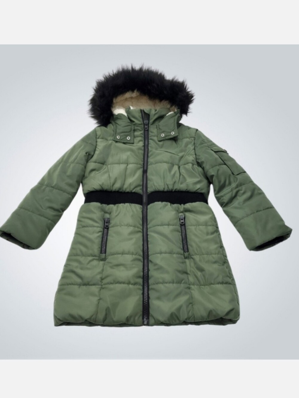 Hudson Girl’s Puffer Insulated Long Winter Green Coat Faux Fur Hoodie Lining S/7